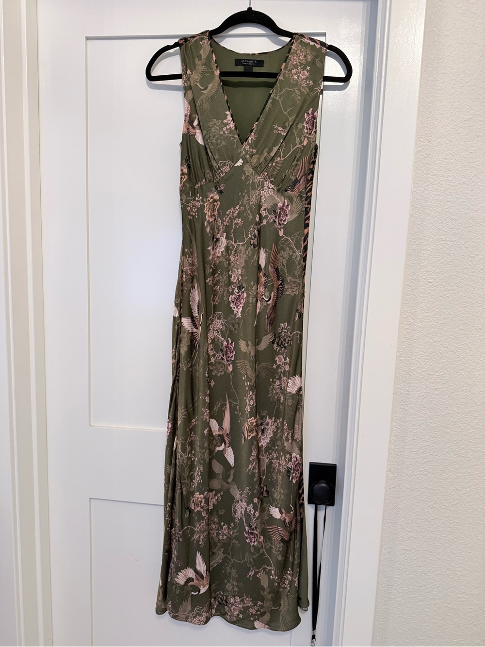 AllSaints Karla Peggy Olive Green Floral V-Neck Maxi Dress - Picture 4 of 7